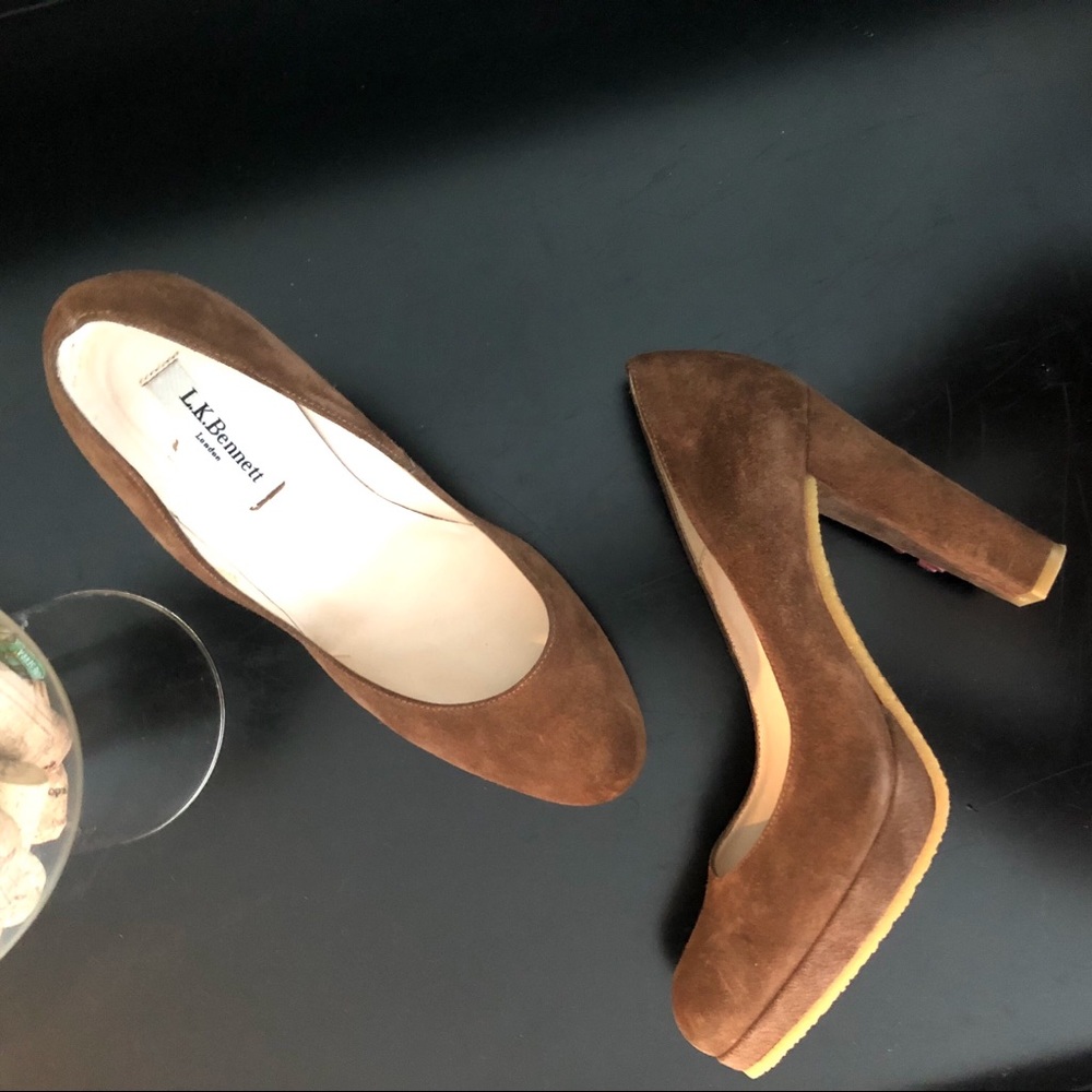 LK BENNETT TAUPE OLIVIA SUEDE BLOCK HEEL PUMPS